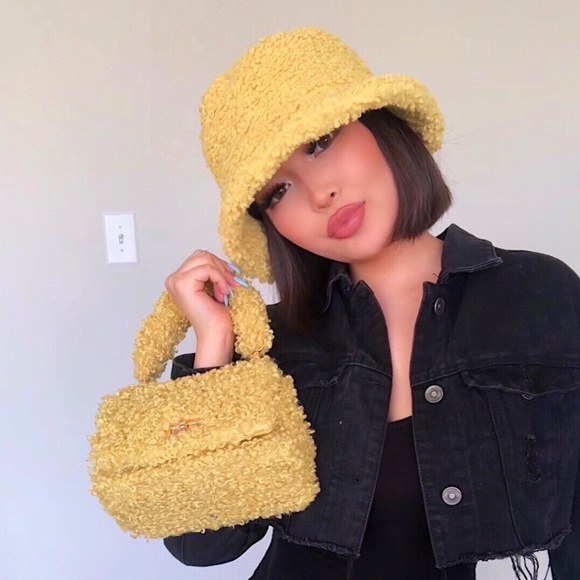 Yellow Fuzzy Set of Hat and Handbag